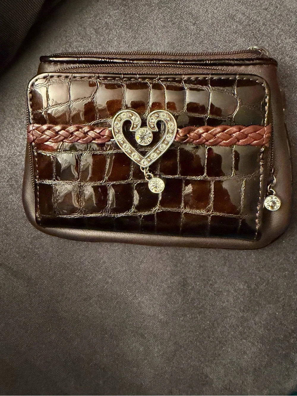 Braided Accent Patent Croc Wallet with Heart Charm - Brown